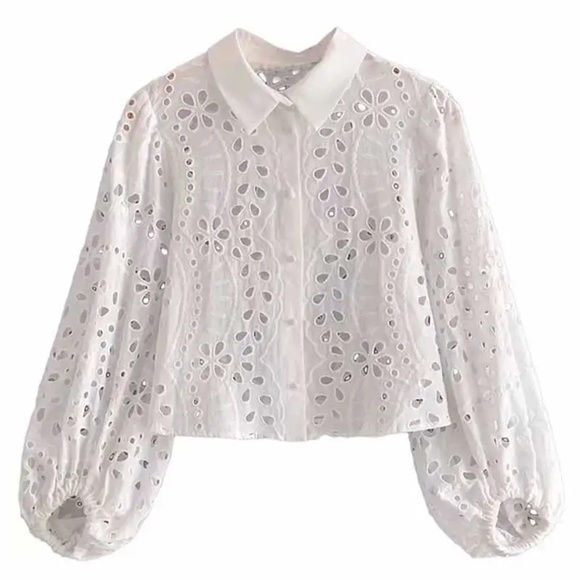 Boho White Eyelet Button Down Cropped Shirt - Picture 2 of 6